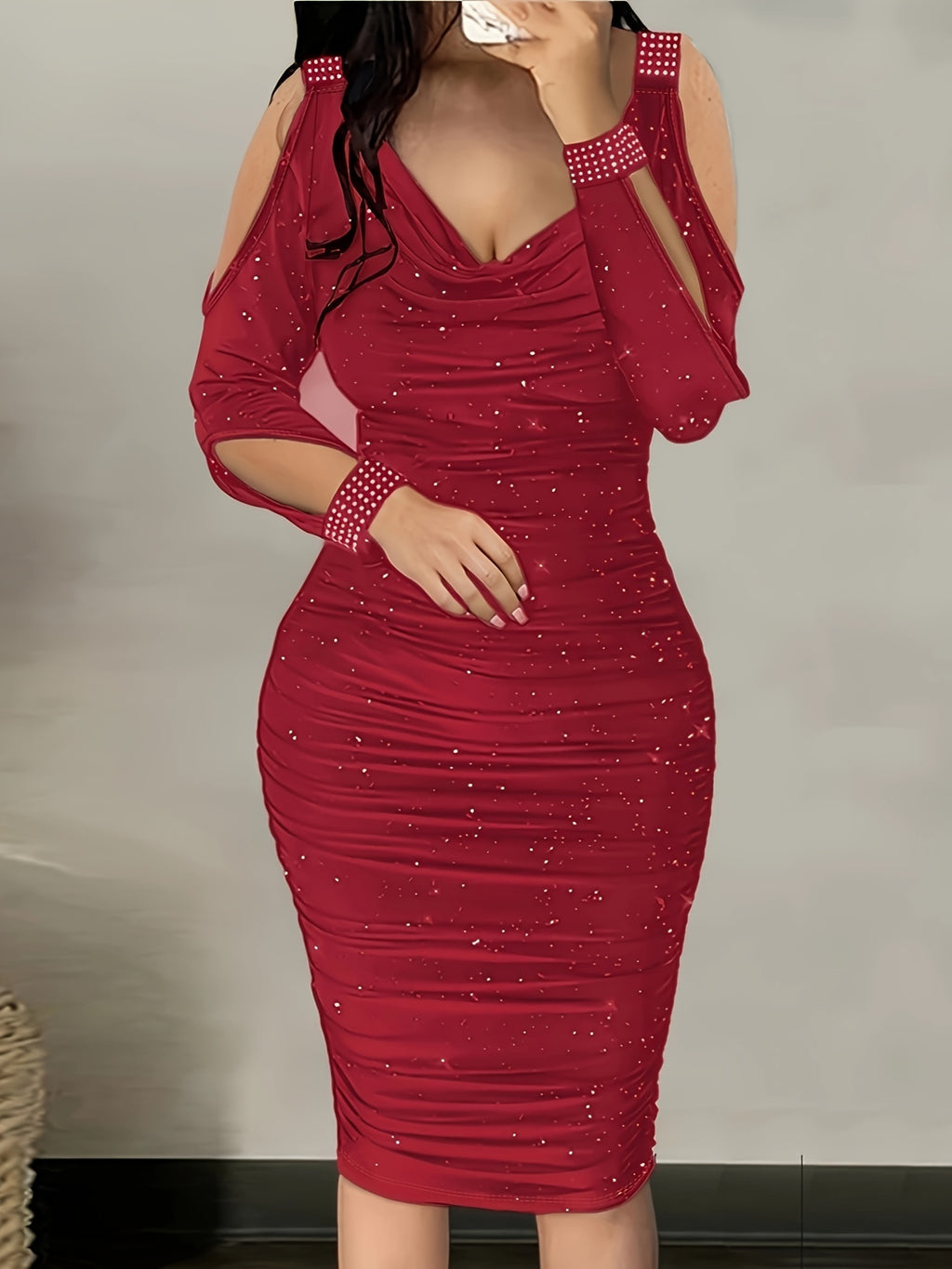 Deep Red Sparkling Rhinestone Bodycon Dress