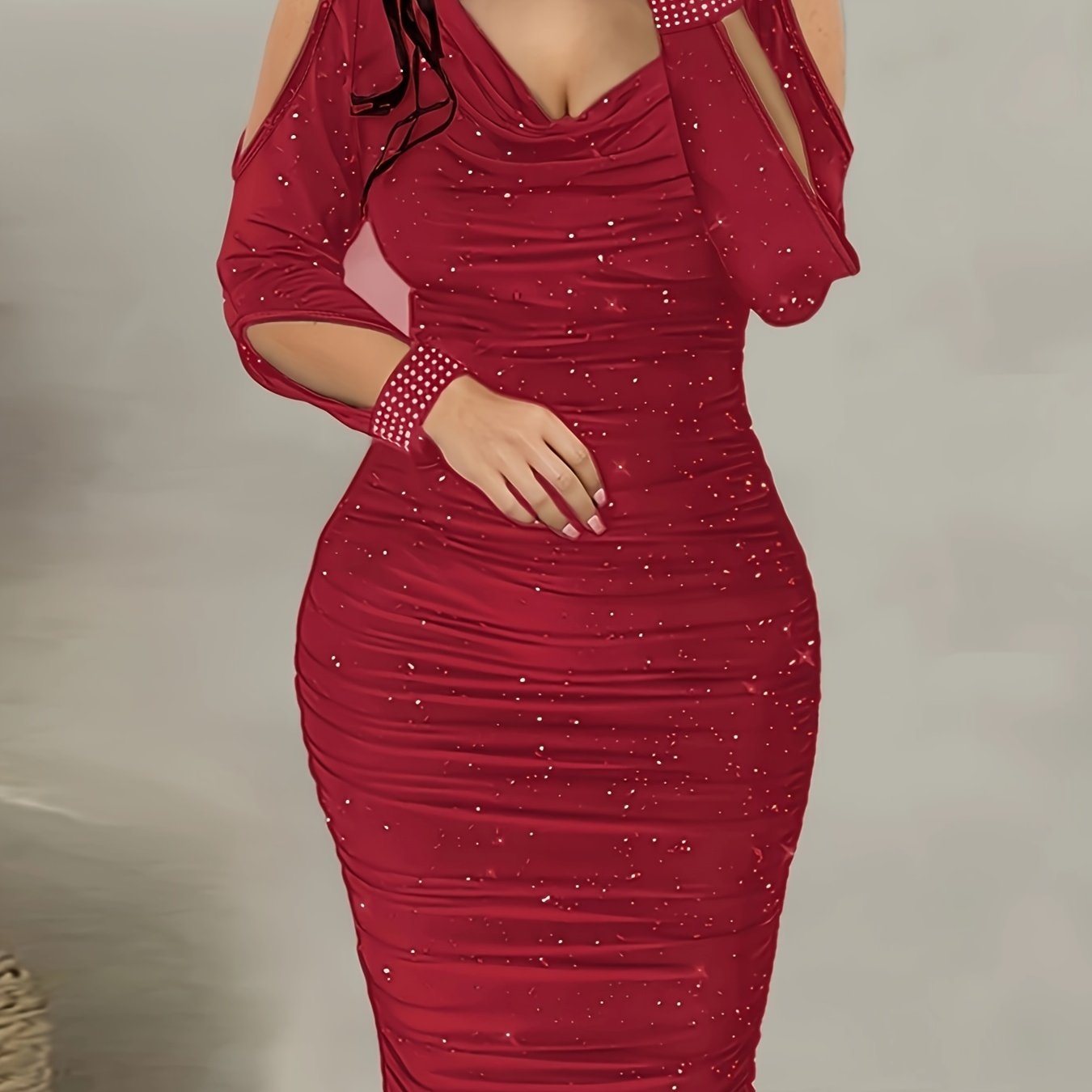 Deep Red Sparkling Rhinestone Bodycon Dress